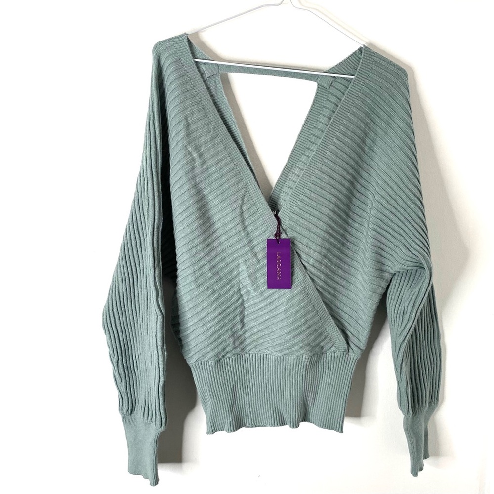 Lascana Ribbed Green Wrap Plunge V-Neck Sweater Cutout Back Fitted Waist NWT